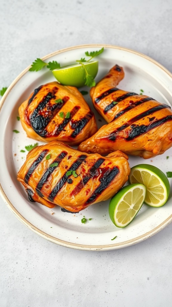 Three grilled chicken thighs with grill marks and lime wedges on a plate.