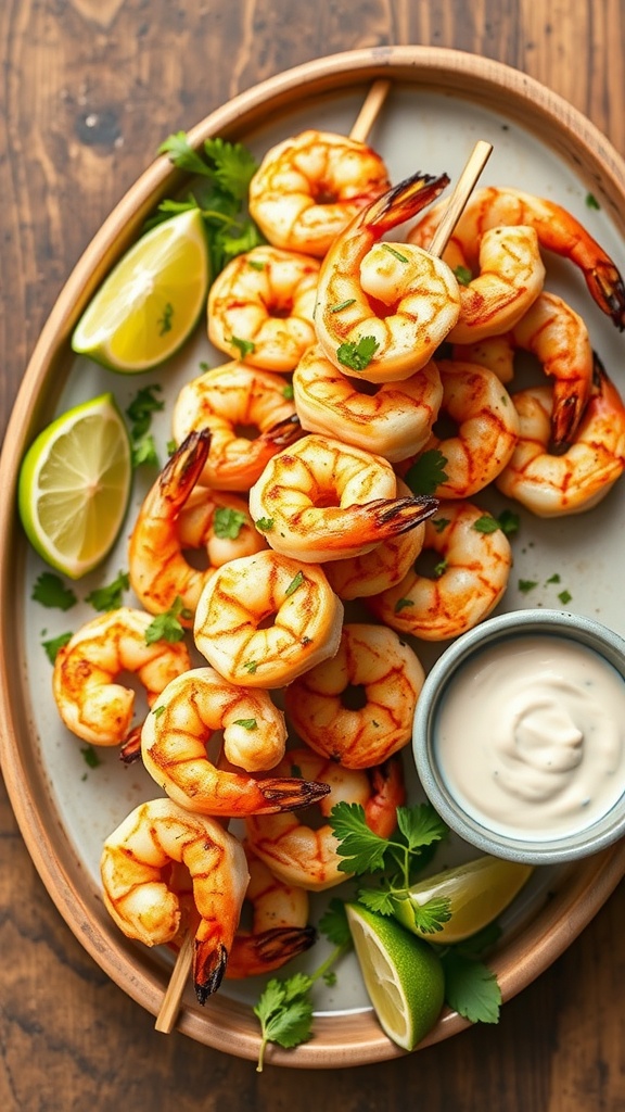 A platter of grilled shrimp skewers with lime wedges and a dip.