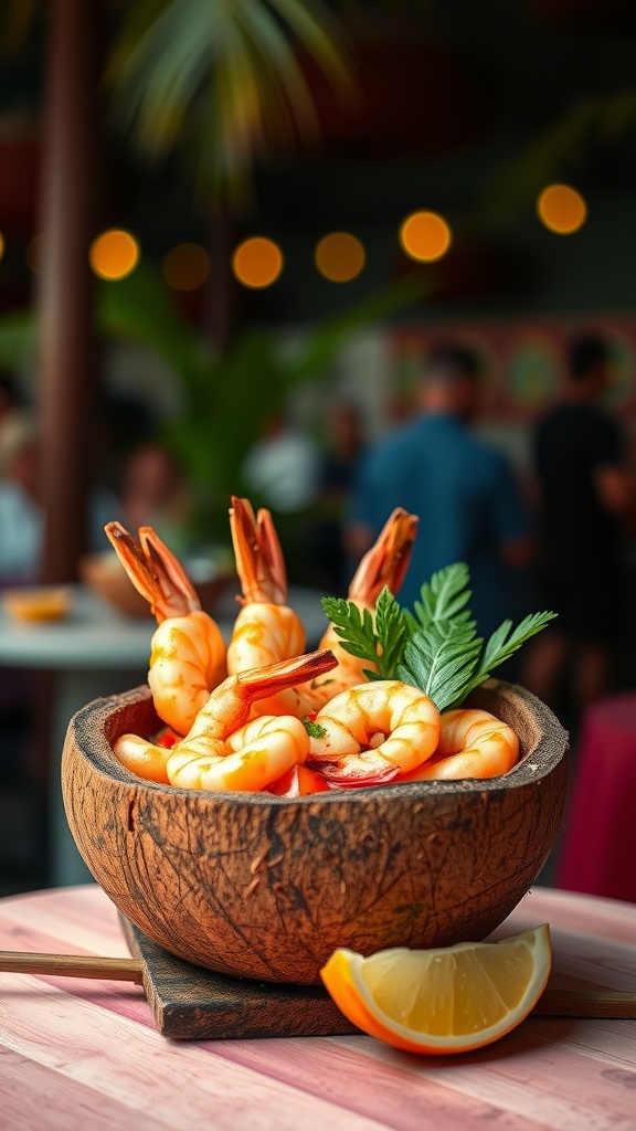 A bowl of chili lime shrimp ceviche with fresh shrimp, lime, and herbs.