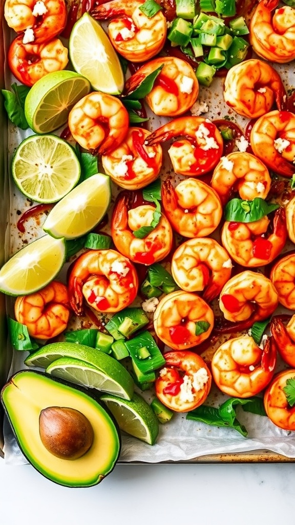 A sheet pan filled with chili lime shrimp garnished with lime wedges and cilantro.