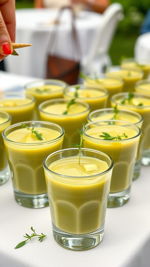 Chilled avocado soup shots served in small glasses with herbs on top.