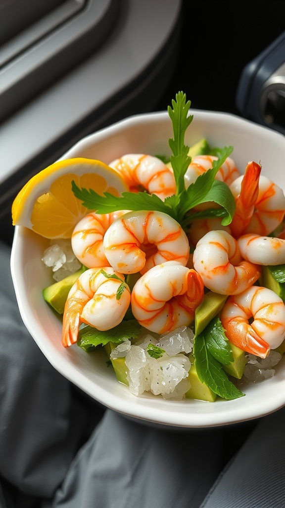 A bowl of chilled shrimp cocktail with avocado and lemon slice, sitting on a travel-friendly surface.