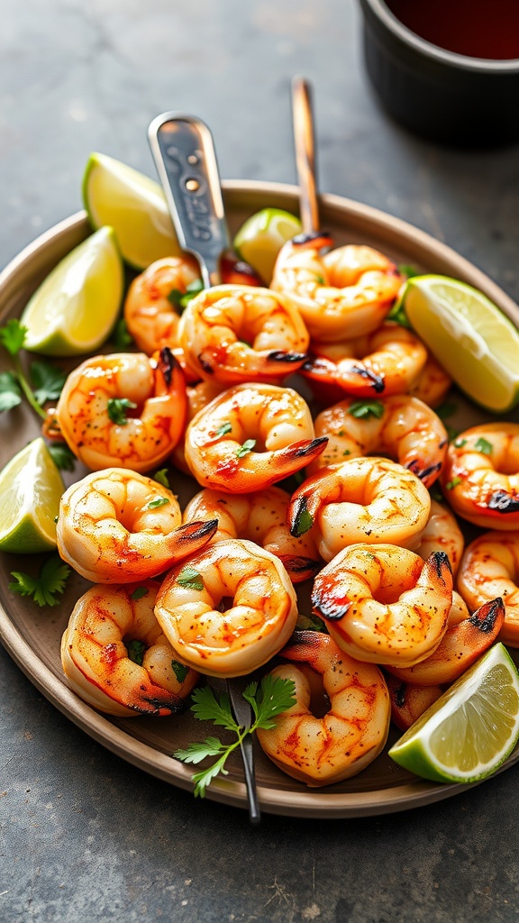 A platter of chipotle-lime shrimp skewers garnished with lime wedges and cilantro.