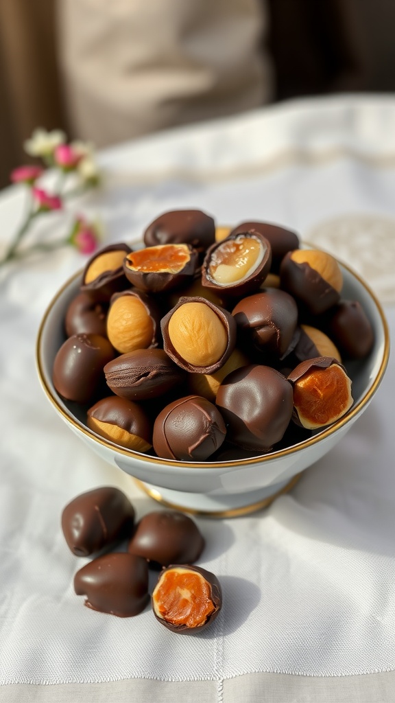 A bowl of chocolate-covered macadamia nuts with some nuts scattered around.