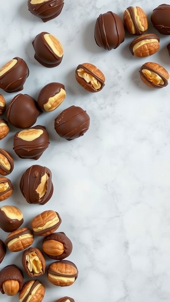 A variety of chocolate-covered macadamia nuts on a marble surface.