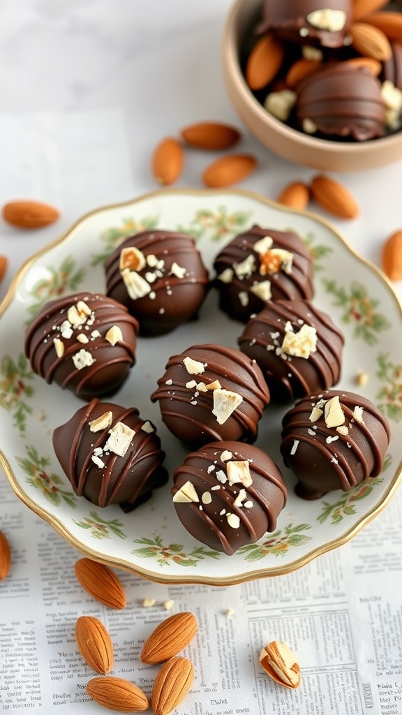 Plate of chocolate-dipped almond joy bites topped with almond pieces and a bowl of almonds in the background.