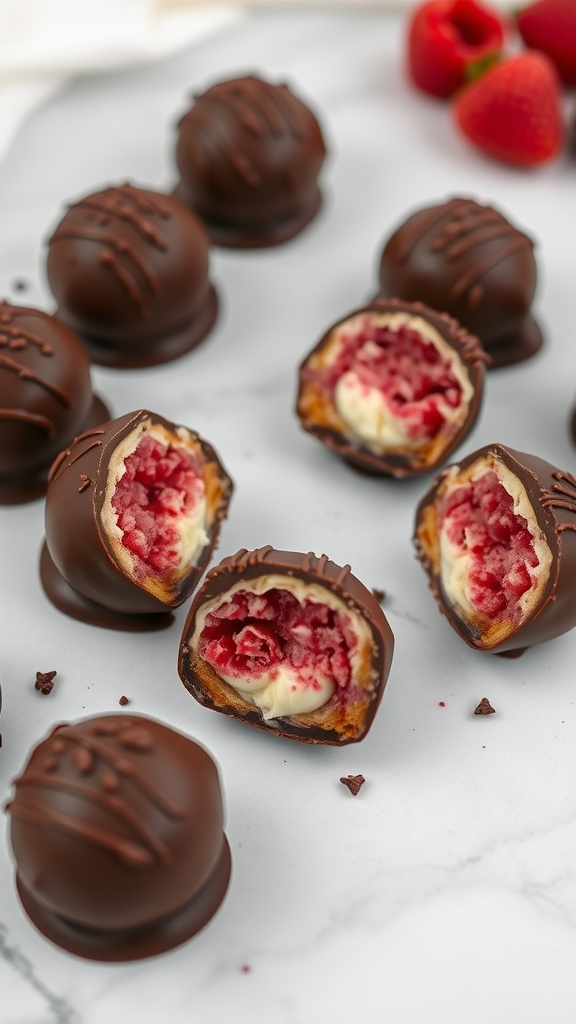 Chocolate-dipped raspberry truffles, some whole and some cut in half, on a marble surface with fresh raspberries.