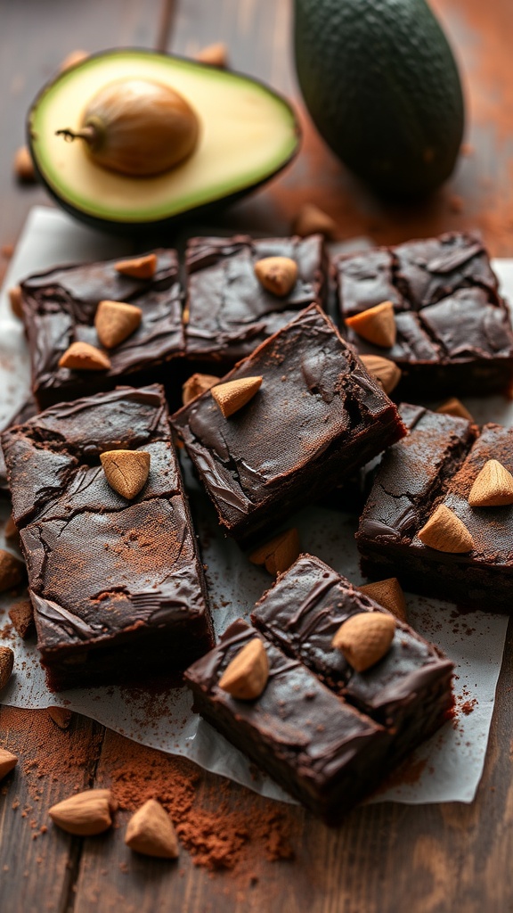 Delicious chocolate avocado brownies topped with almonds and fresh avocado.