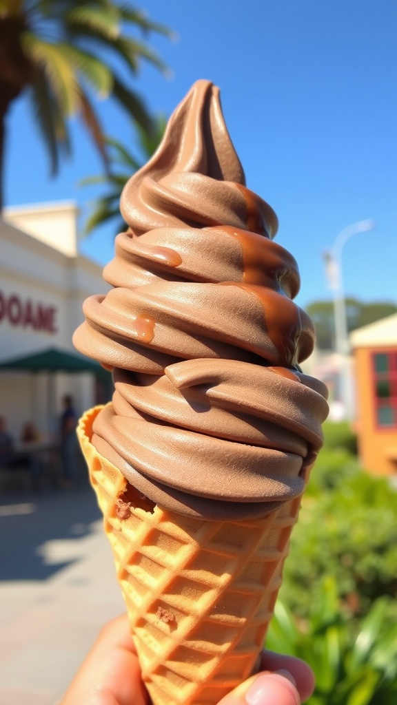 A delicious swirled chocolate soft serve ice cream on a cone, set against a sunny backdrop.