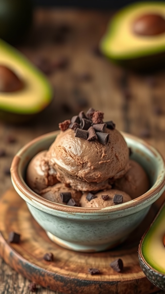 A bowl of chocolate avocado ice cream topped with chocolate shavings, surrounded by halved avocados.