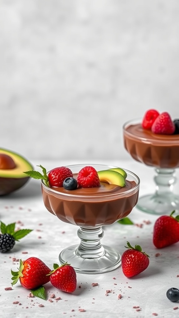 Three cups of chocolate avocado mousse topped with mint leaves, surrounded by fresh mint and chocolate chips.