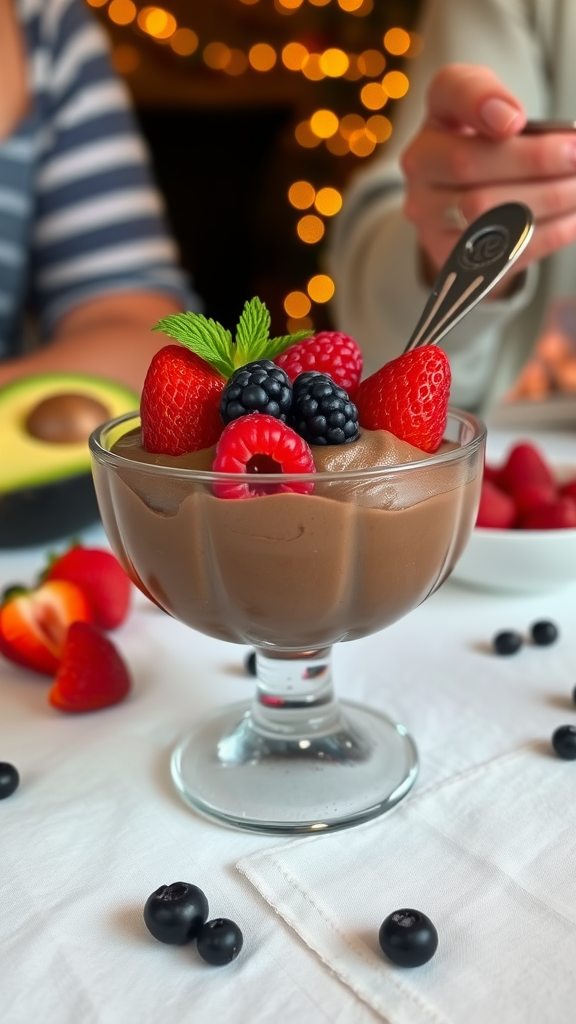 A bowl of chocolate avocado mousse topped with raspberries and blueberries, surrounded by chocolate beans.