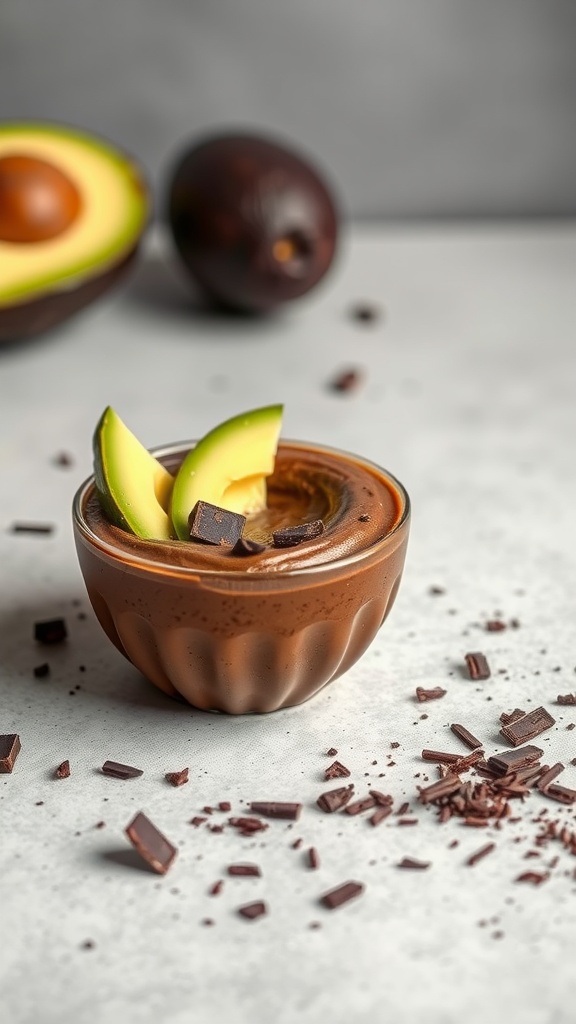 A bowl of chocolate avocado mousse topped with avocado slices and chocolate pieces, with whole avocados in the background.