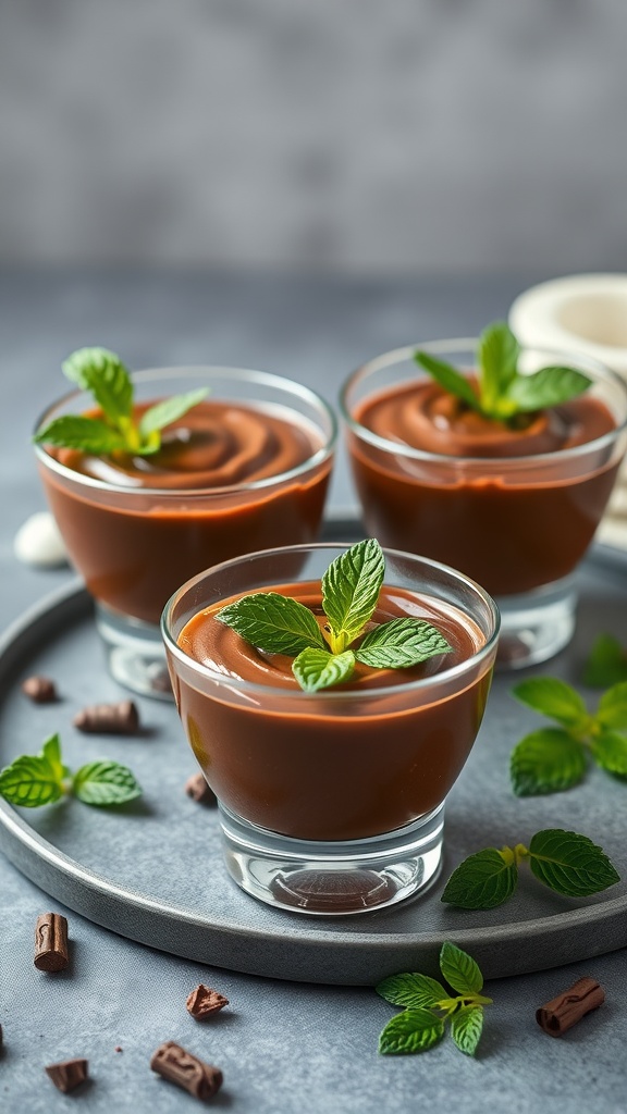 Delicious chocolate avocado mousse served in glass cups, garnished with mint leaves.