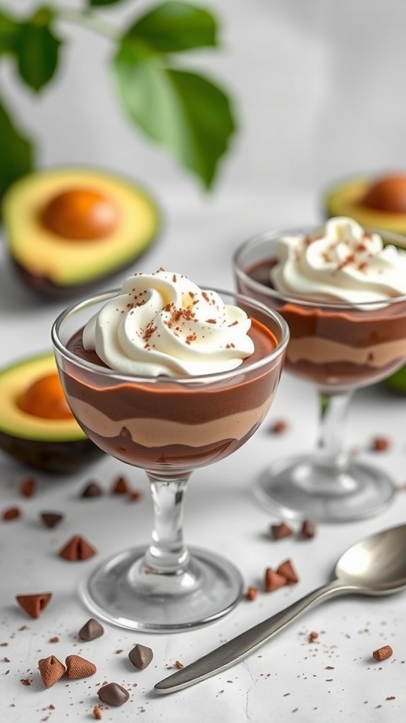 Two servings of chocolate avocado mousse topped with whipped cream and chocolate chips, with fresh avocados in the background.