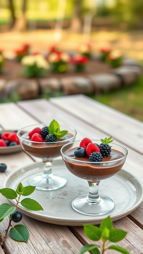 Two glasses of chocolate avocado mousse topped with berries on a wooden table