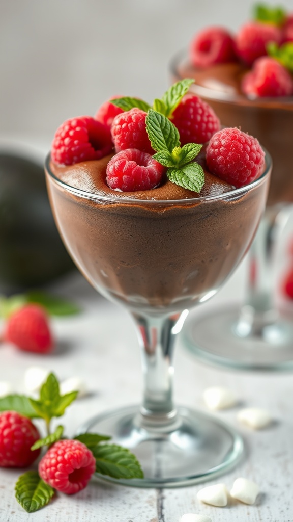 A glass of chocolate avocado mousse topped with raspberries and mint leaves, with more raspberries and mint on the table.