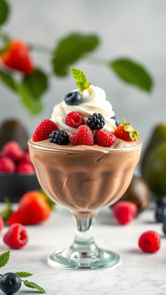 A bowl of chocolate avocado mousse topped with whipped cream and fresh berries.