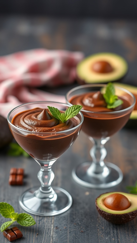 A bowl of chocolate avocado mousse topped with mint leaves, alongside halved avocados and chocolate pieces.