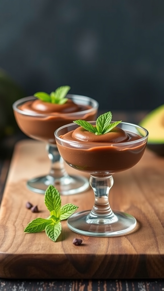 Two servings of chocolate avocado mousse in glass cups, garnished with mint leaves.