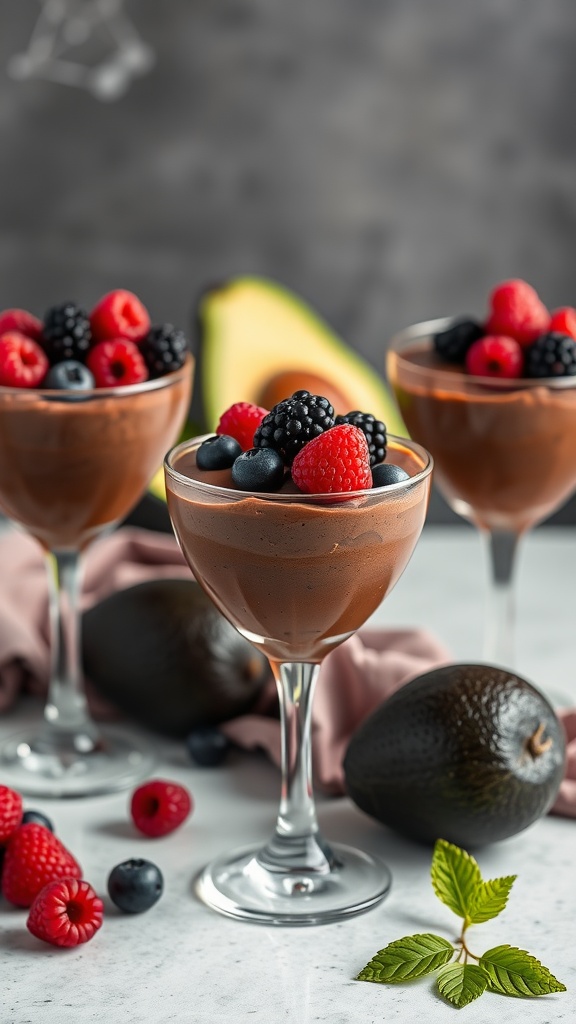 Three glasses of chocolate avocado mousse topped with berries and avocado halves in the background.