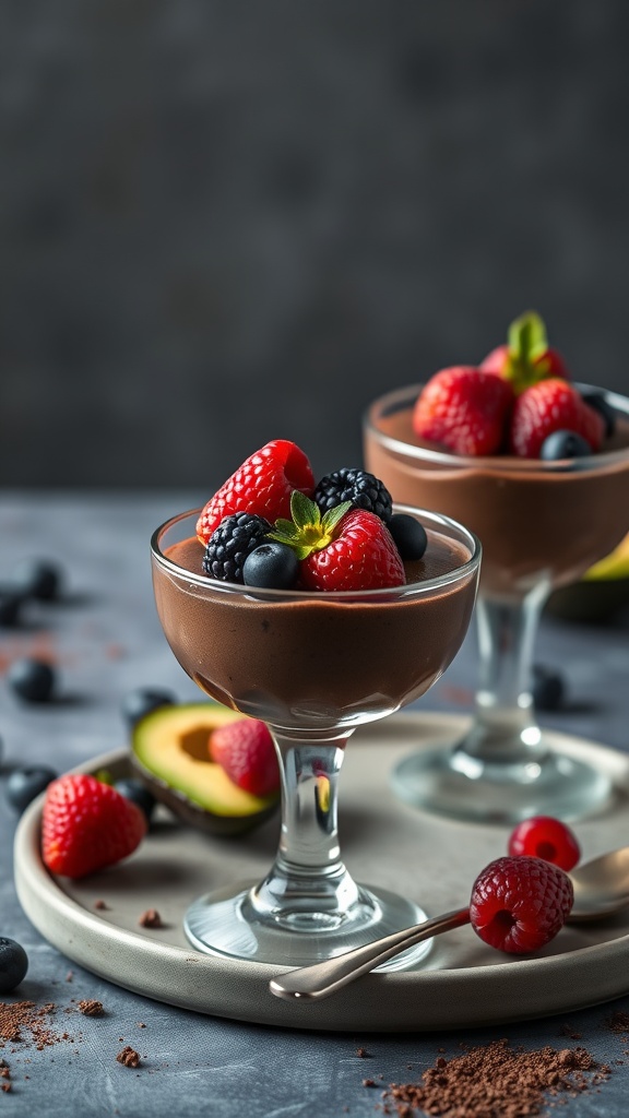 Chocolate avocado mousse topped with berries in a glass dessert dish.