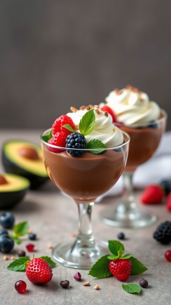 Delicious chocolate avocado mousse topped with berries and mint leaves in a glass dessert cup.