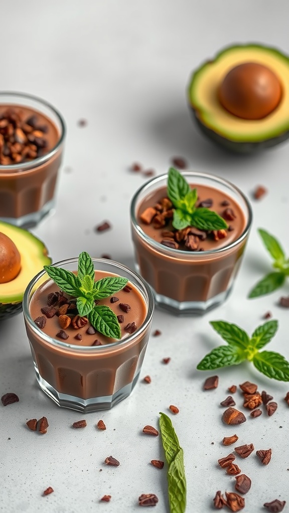 Delicious chocolate avocado mousse served in small glasses, garnished with mint leaves and cocoa nibs, alongside halved avocados.