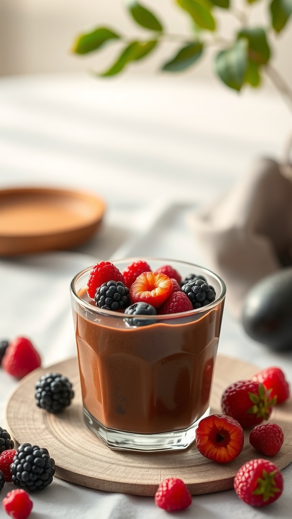 A glass of chocolate avocado mousse topped with fresh berries on a wooden plate.