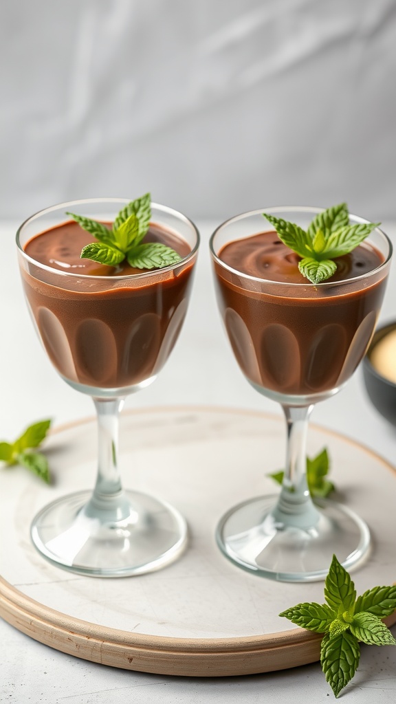 Two glasses of chocolate avocado mousse garnished with mint leaves.