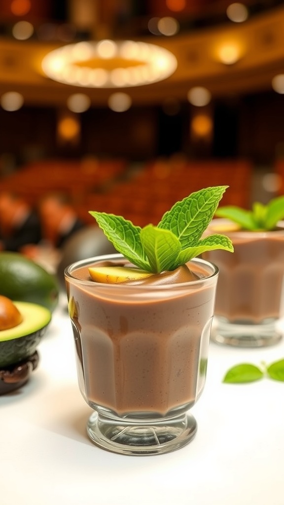 A glass of chocolate avocado mousse garnished with mint leaves, with avocados in the background.