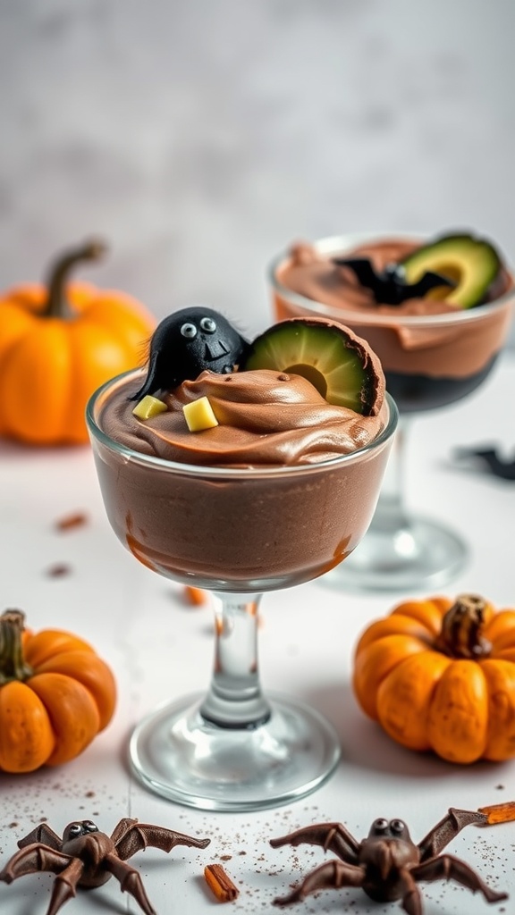 A delicious chocolate avocado mousse served in a glass, topped with Halloween-themed decorations like a black ghost and surrounded by mini pumpkins and chocolate spiders.