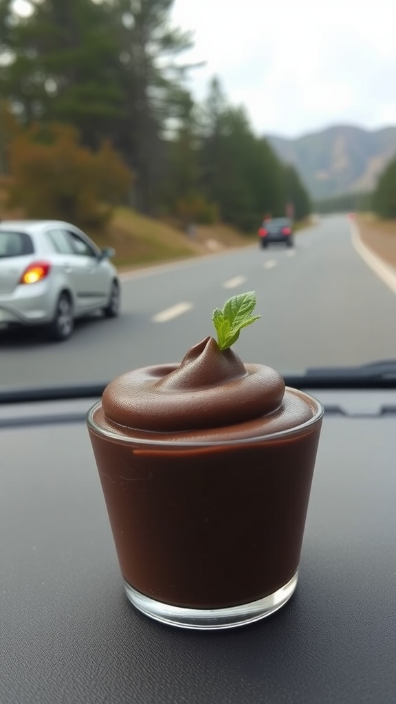 A delicious Chocolate Avocado Mousse in a glass on the dashboard of a car with a scenic road in the background.