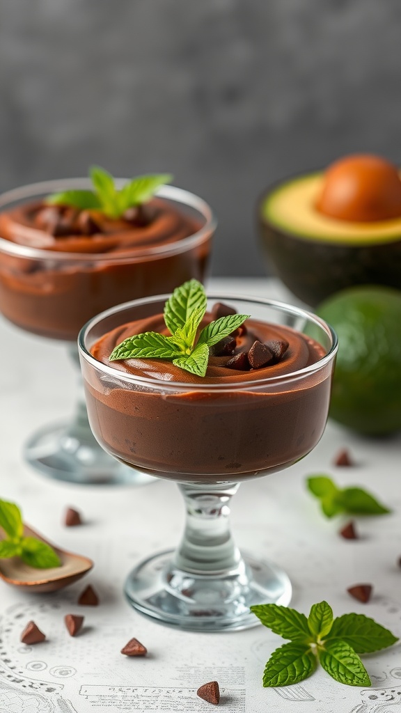 A close-up of chocolate avocado mousse in glass cups, garnished with mint leaves and chocolate chips.