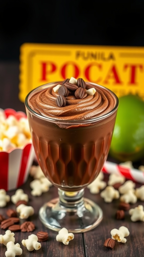 A bowl of chocolate avocado mousse surrounded by popcorn and movie tickets.