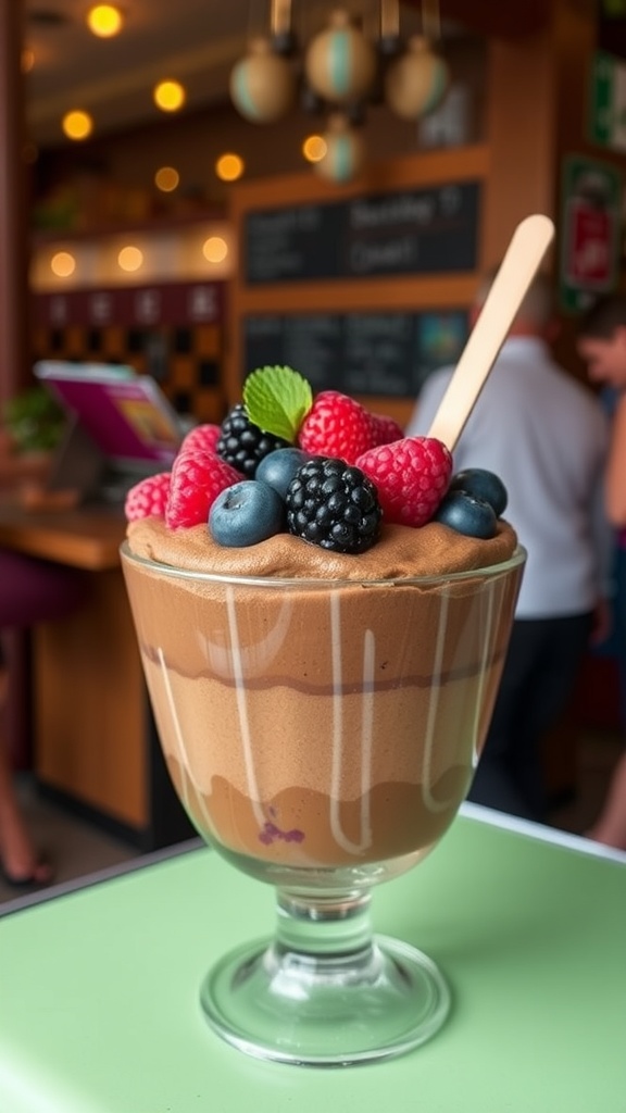 A glass of chocolate avocado mousse topped with fresh berries and mint.