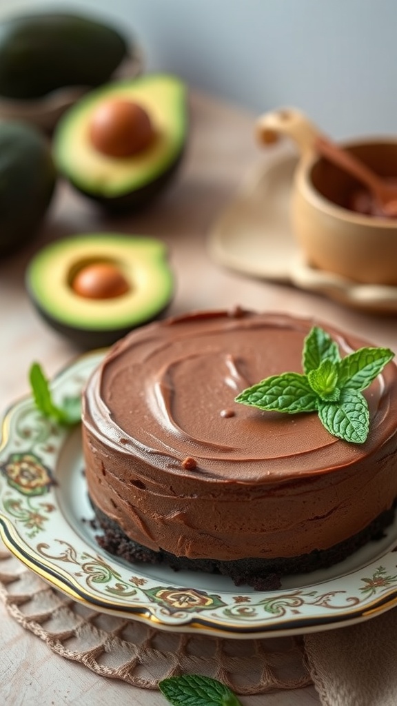 A delicious chocolate avocado mousse cake garnished with mint leaves, surrounded by avocados.