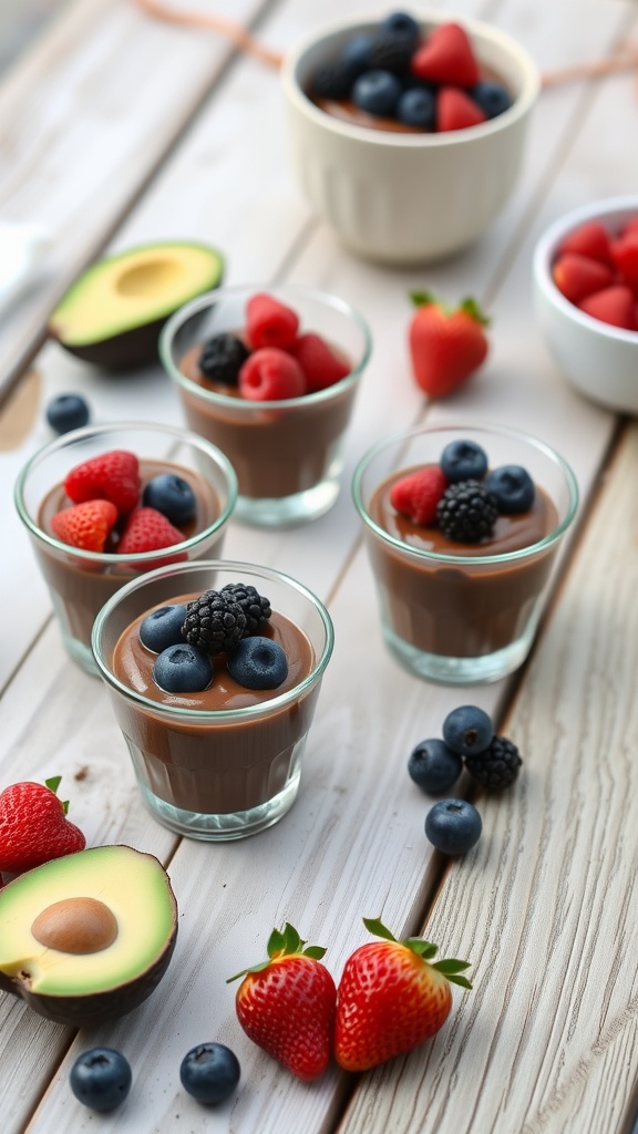 Chocolate avocado mousse cups topped with berries on a wooden table.