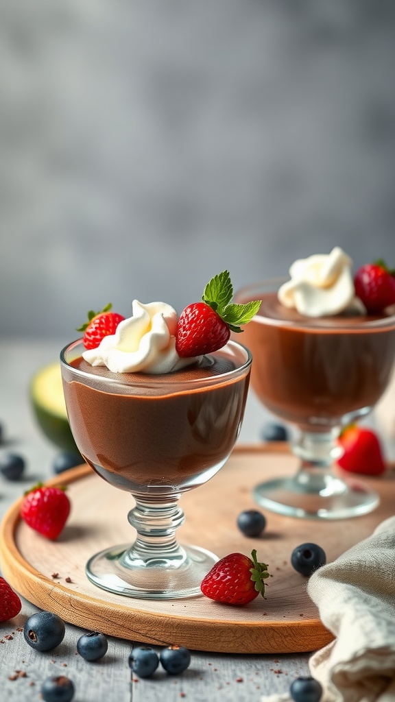 Chocolate avocado mousse cups topped with whipped cream and berries