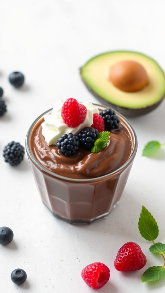 A glass of chocolate avocado pudding topped with berries and mint leaves, alongside a halved avocado.