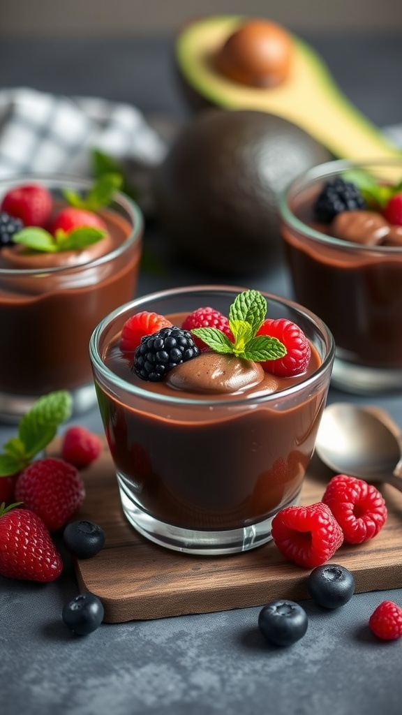 Chocolate avocado pudding cups topped with berries and mint leaves