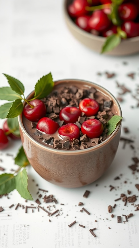 A chocolate smoothie bowl topped with cherries and chocolate shavings