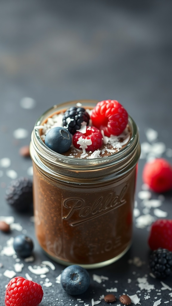 A jar of chocolate chia seed pudding topped with fresh berries and coconut flakes.