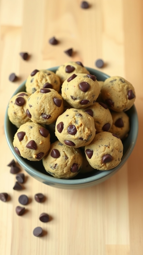 A bowl filled with chocolate chip cookie dough bites, some scattered around, on a wooden surface.