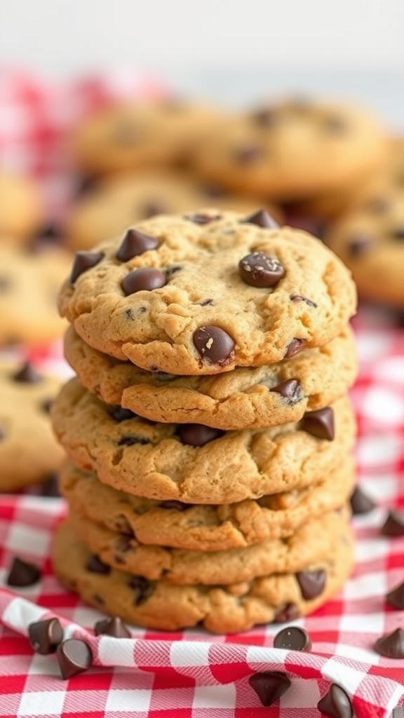 A stack of chocolate chip cookies on a red checkered cloth with chocolate chips scattered around.