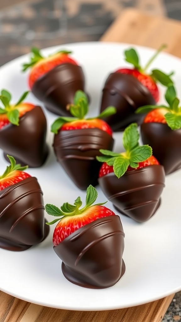 Plate of chocolate dipped strawberries with mint leaves