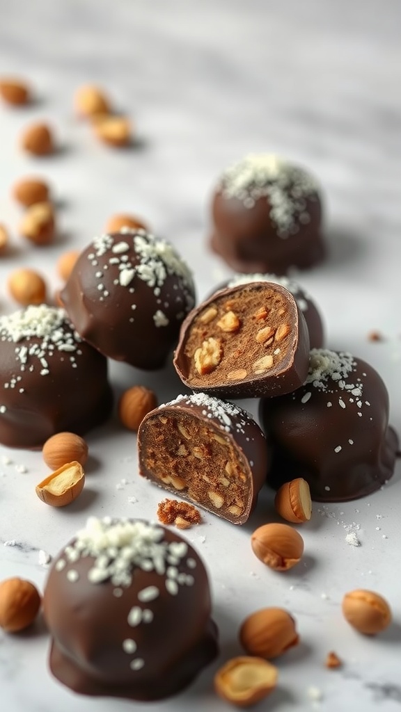 Chocolate hazelnut fat bombs with some hazelnuts scattered around