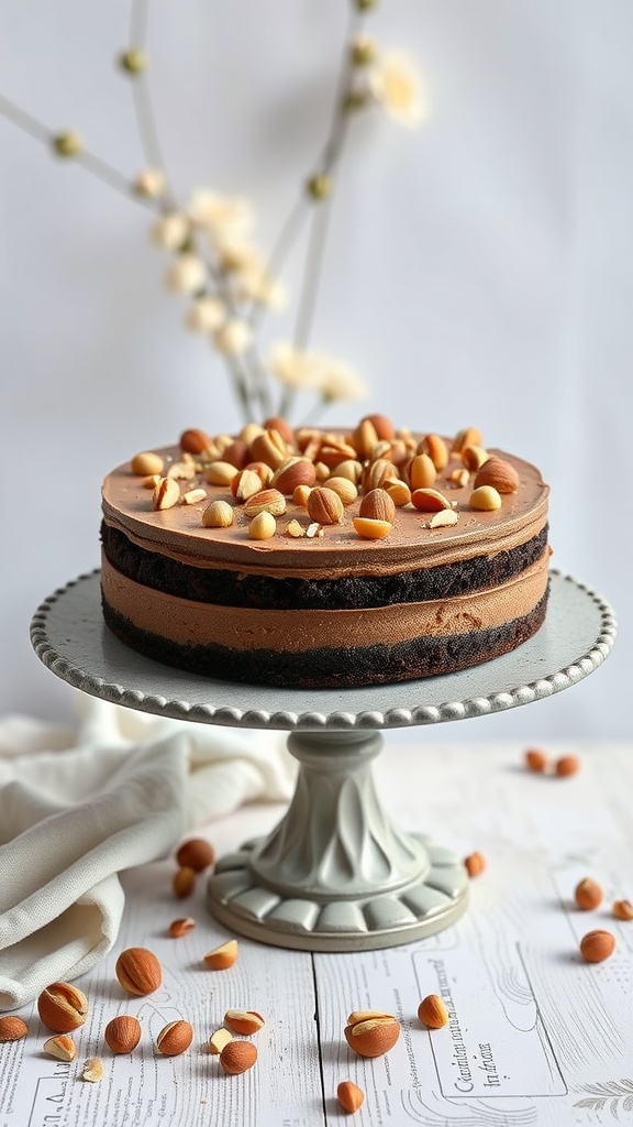 A chocolate hazelnut mousse cake on a decorative stand, garnished with hazelnuts.