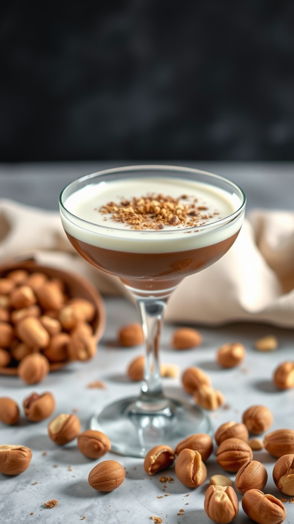 A Chocolate Hazelnut White Russian cocktail garnished with a sprinkle of hazelnuts, surrounded by whole hazelnuts on a table.