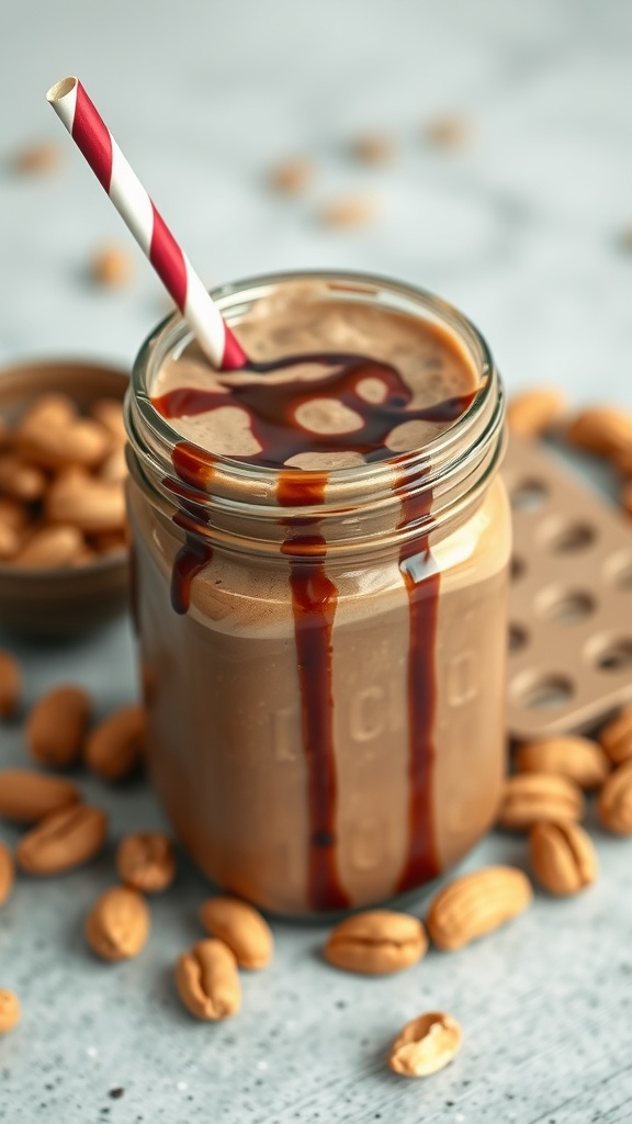 A jar of chocolate peanut butter smoothie topped with chocolate drizzle and a straw, surrounded by peanuts.